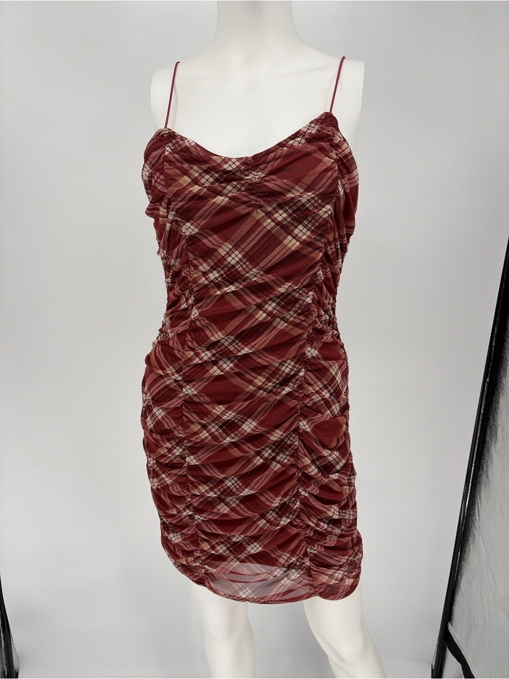Almost Famous Red Plaid Ruched Slip Dress